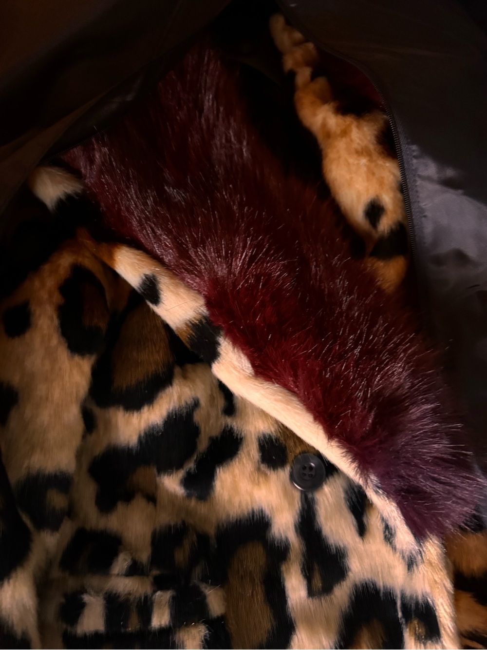 AKIRA Leopard Print Faux Fur Trim Long Coat in Tan and Burgundy - Picture 5 of 5